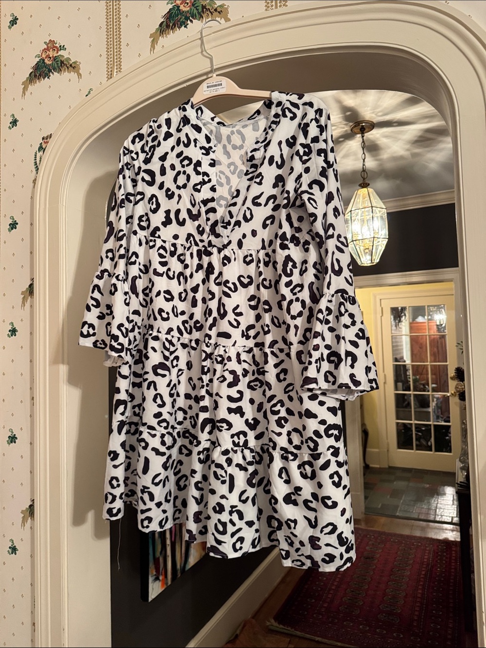 White and Black Leopard Print Tiered Dress
